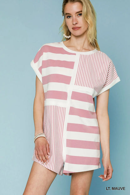 Umgee Mixed Striped Short Sleeve Romper - Farnelli