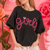 BiBi Metallic Letter Short Puff Sleeve Hairy Sweater - Black