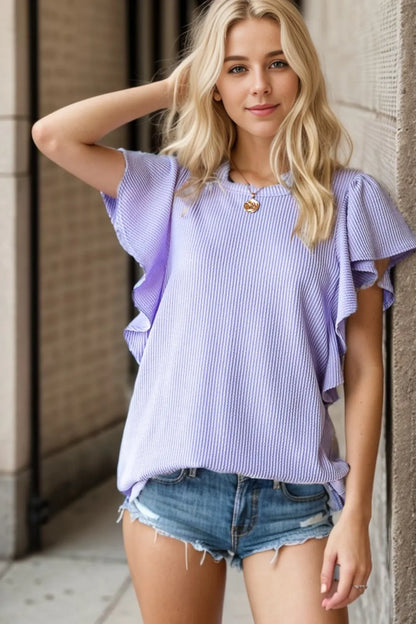 Heimish Full Size Ruffled Sleeve Ribbed Top - Farnelli
