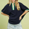 Umgee Textured Knit Top with Striped Contrast Trim - NAVY