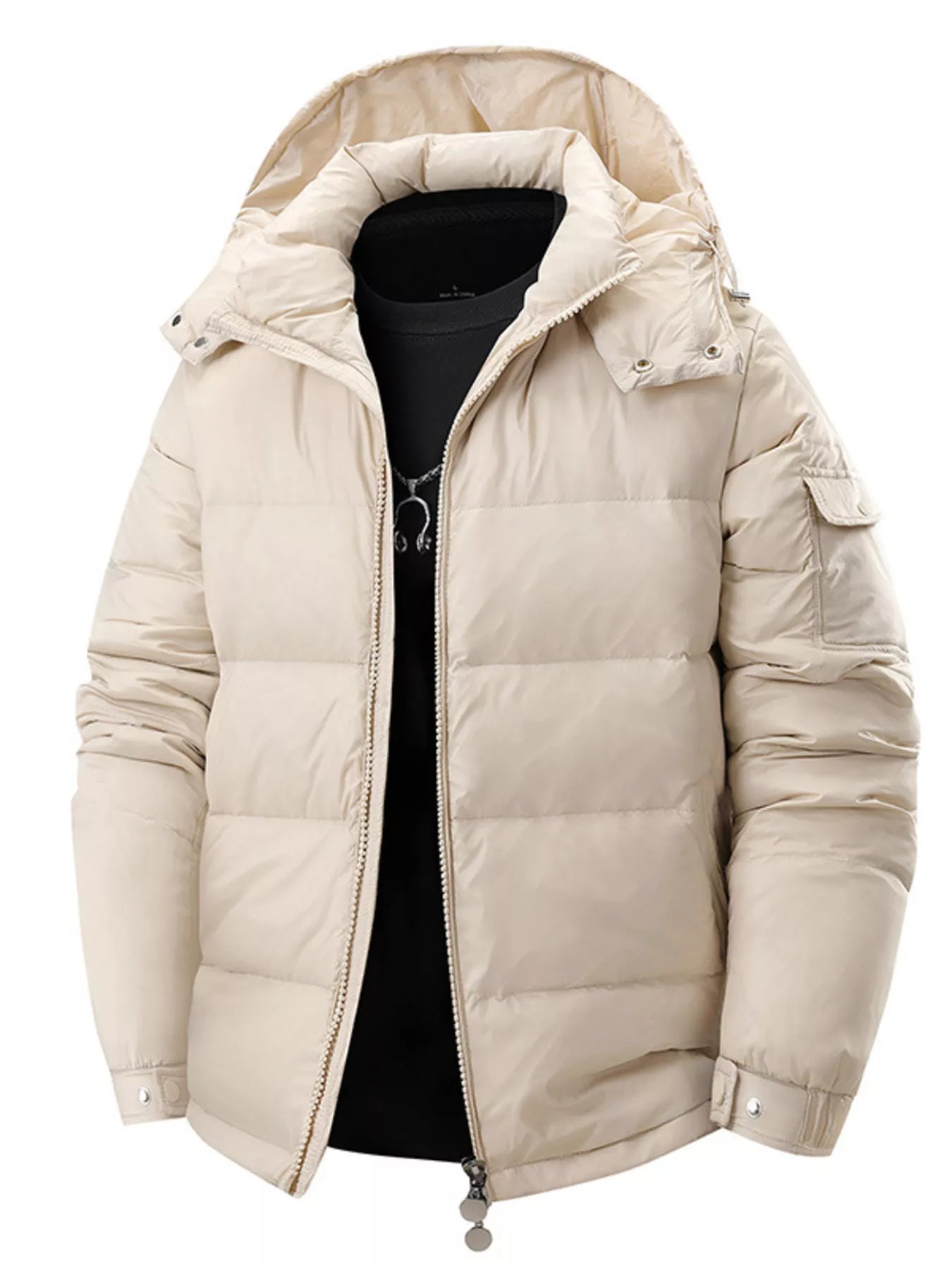 Men's Full Size Hooded Puffer Jacket with Side Zipper Pockets Plus Size - Farnelli