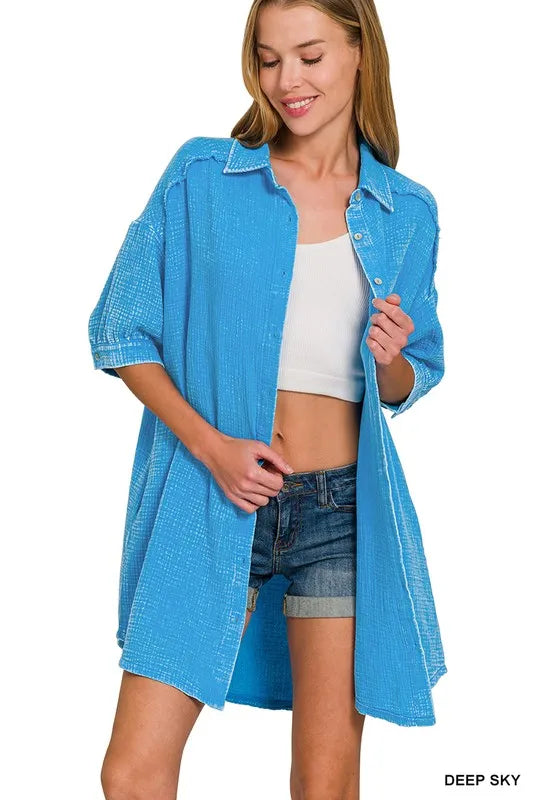 Zenana Washed Double Gauze Button Down Shirt Dress - Farnelli