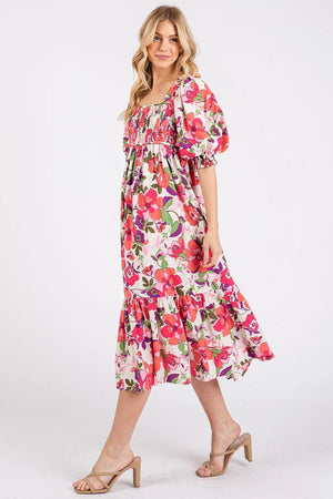 Mittoshop Flower Print Puff Sleeve Ruffle Smocked Midi Dress - Farnelli