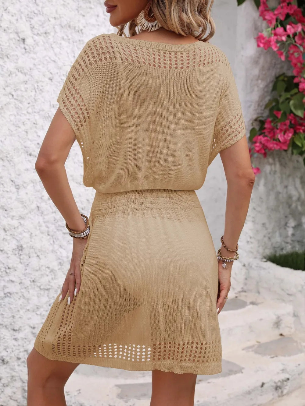 Openwork V-Neck Short Sleeve Cover-Up Dress - Farnelli