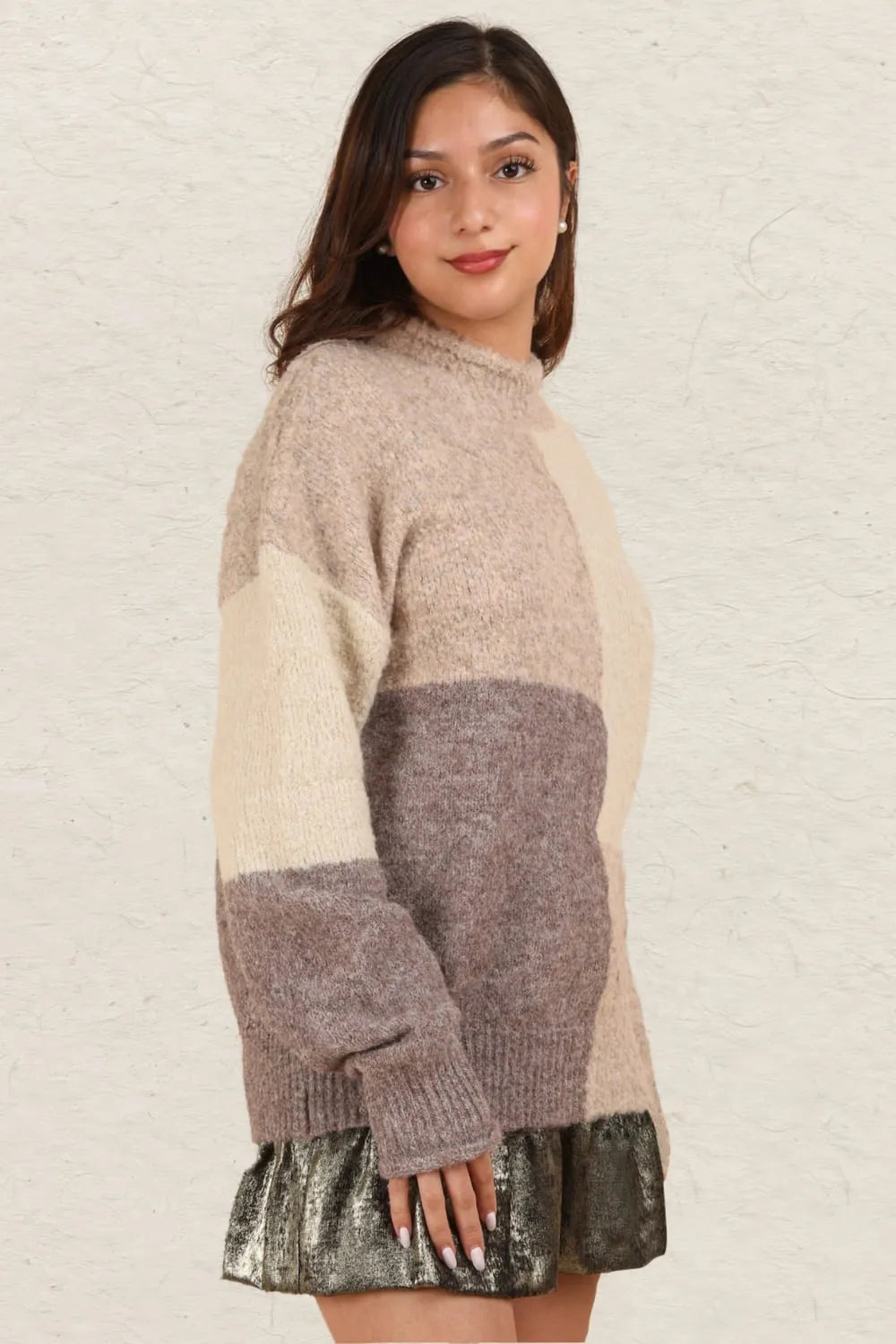 VERY J Color Block Mock Neck Drop Shoulder Sweater - Farnelli