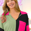 BiBi Slinky Knit Color Block V Neck Front Top - SAGE/BLACK/FUCHSIA
