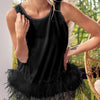 BiBi French Terry Faux Feather Bottom Back Tied Top - BLACK