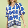 Umgee Shell Block Border Print Puff Sleeve Blouse - CERULEAN MIX