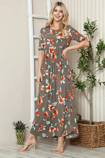 BOMBOM Floral Round Neck Short Sleeve Maxi Tee Dress - Farnelli