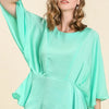 Umgee Full Size Satin Pleated Peplum Round Neck Blouse Plus Size - ICE MINT
