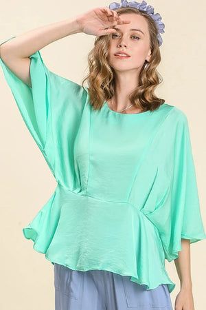 Umgee Full Size Satin Pleated Peplum Round Neck Blouse Plus Size - Farnelli
