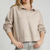 Umgee Exposed Seam Long Sleeve Polo Top with Side Slit - STONE