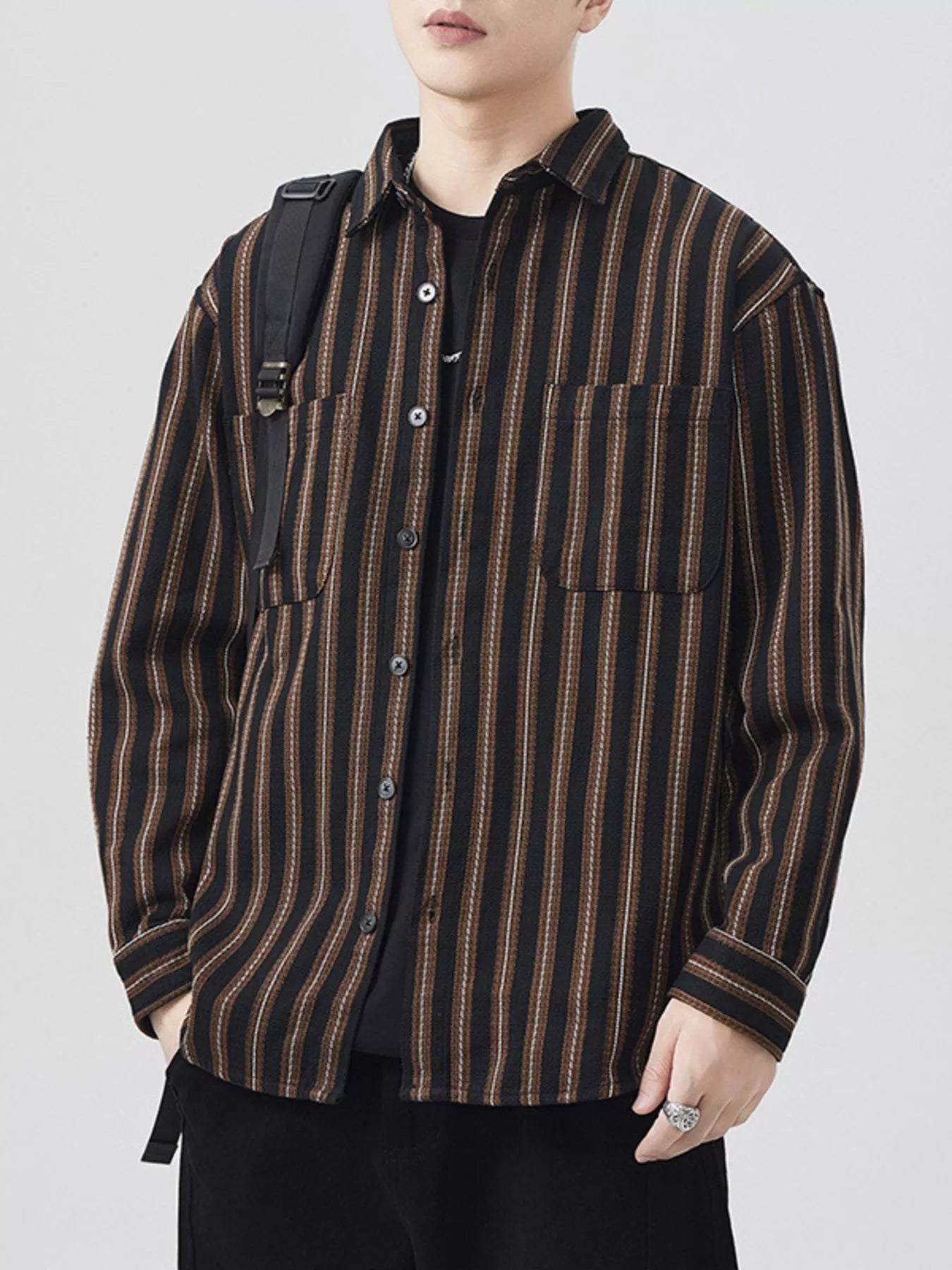 Men's Plus Size Striped Button Up Long Sleeve Shirt - Farnelli