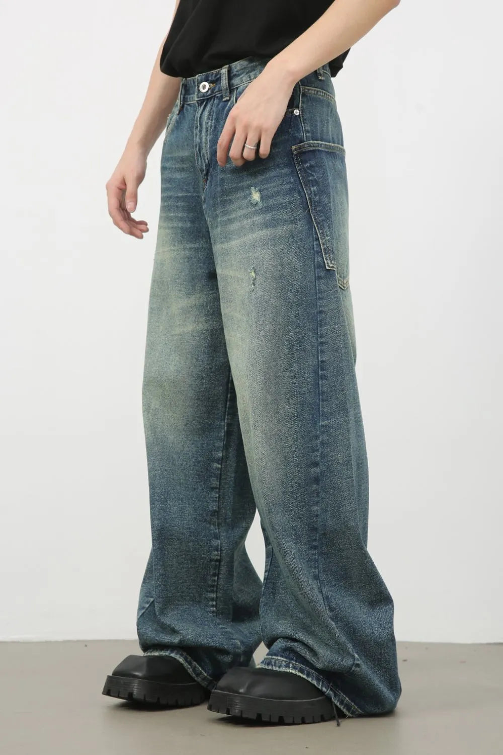 Men's Distressed Detail Wide Leg Jeans - Farnelli