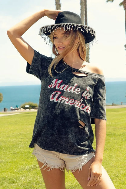 BiBi Laser Cut Mineral Washed America Print Top - Farnelli