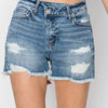 RISEN Stepped Waist Frayed Denim Shorts - MEDIUM