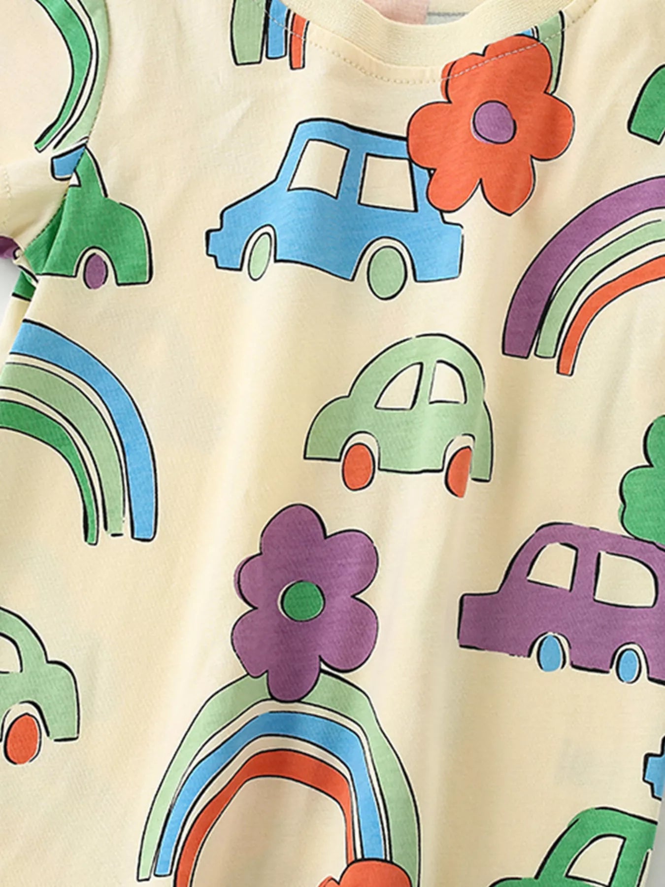 Children's Cartoon Car & Rainbow Print Short Sleeve T-Shirt - Farnelli