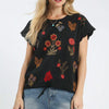 Umgee Embroidered Scallop Sleeve Top with Drawstring Hem - BLACK