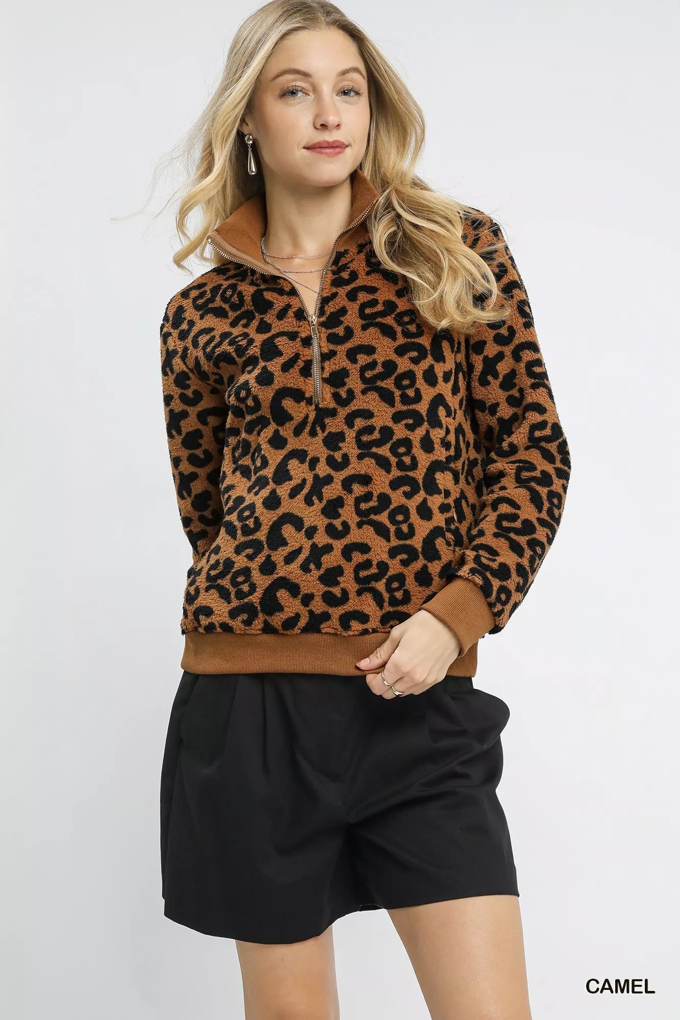 Umgee Leopard Print Quarter-Zip Sweatshirt - Farnelli