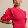 BiBi Ruffle Sleeve Ribbed Sweater - FUCHSIA