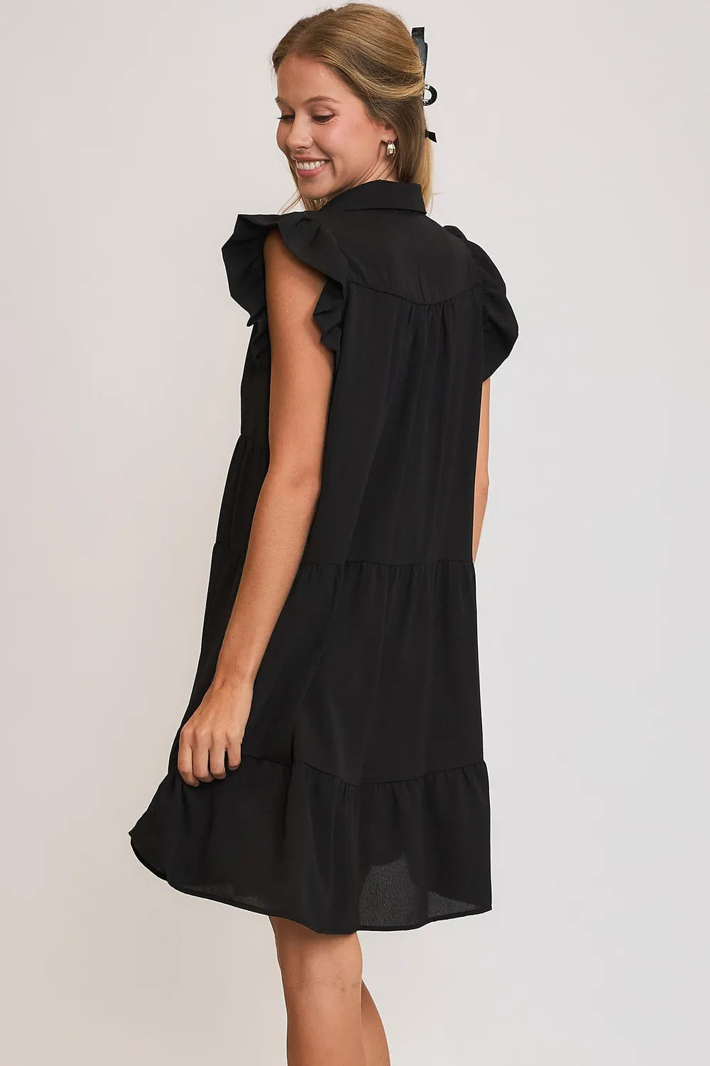 Umgee Full Size Johnny Collar Ruffle Cap Sleeve Tiered Dress Plus Size - Farnelli