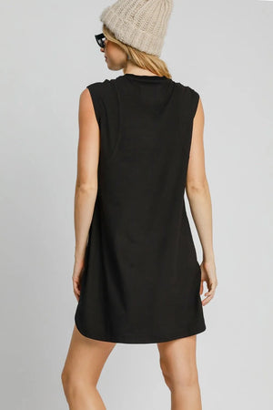 Umgee Round Neck Sleeveless High-Low Curved Hemline Mini Dress - Farnelli