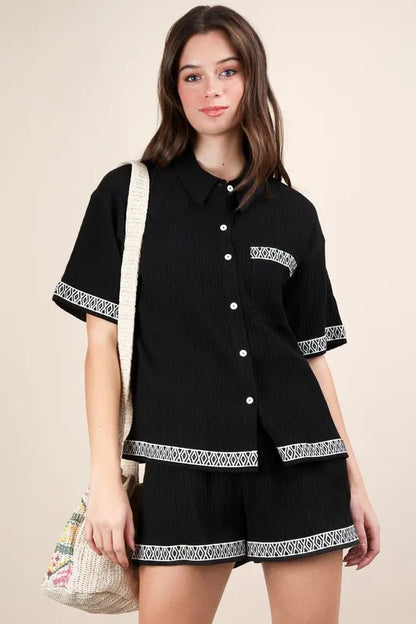 VERY J Crinkled Woven Shirt Top & Shorts Set - Farnelli