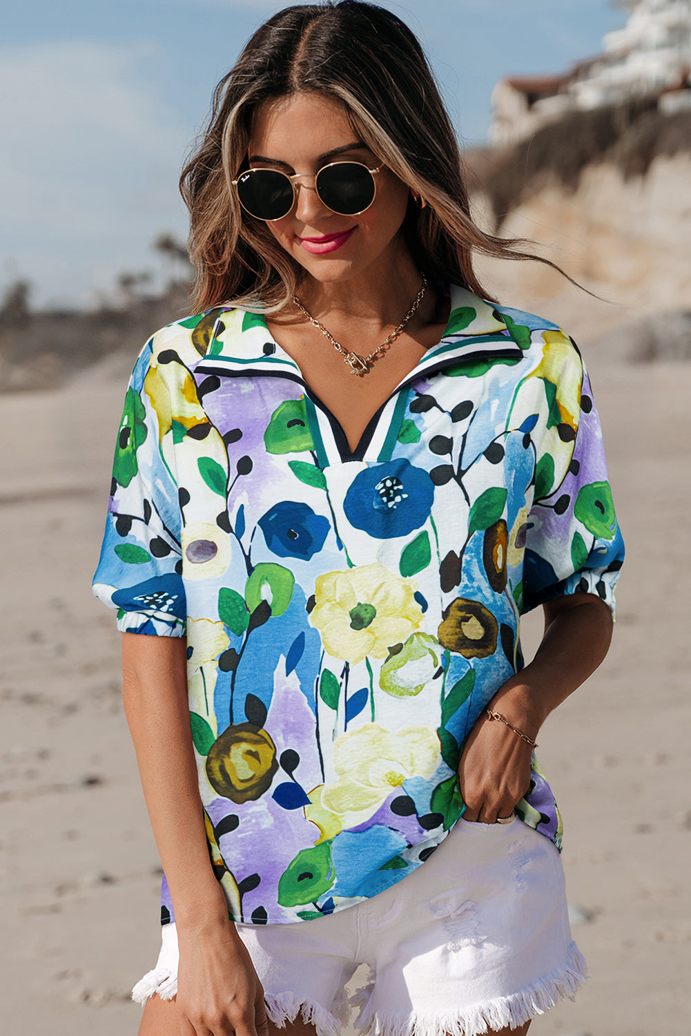 Adele Floral Slit V Neck Blouse - Farnelli