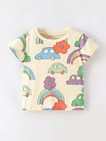 Children's Cartoon Car & Rainbow Print Short Sleeve T-Shirt - Farnelli