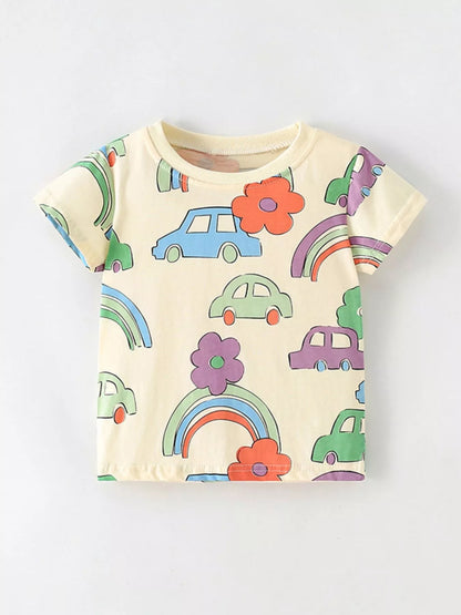 Children's Cartoon Car & Rainbow Print Short Sleeve T-Shirt - Farnelli