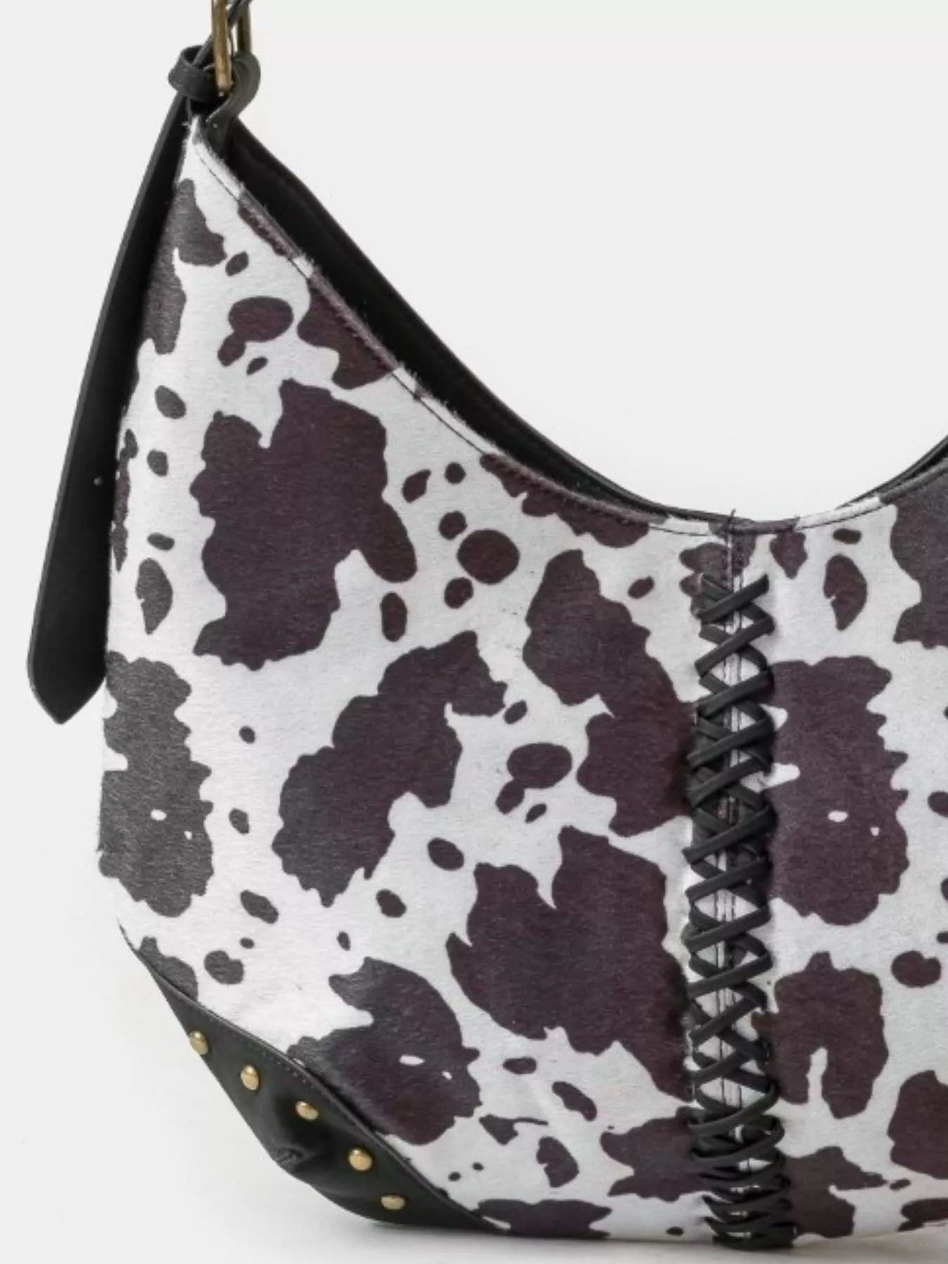 Fame Cow Print Hobo Shoulder Bag with Studded Details - Farnelli