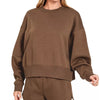 Zenana Fleece Round Neck Sweatshirt and Shorts Set - Brown