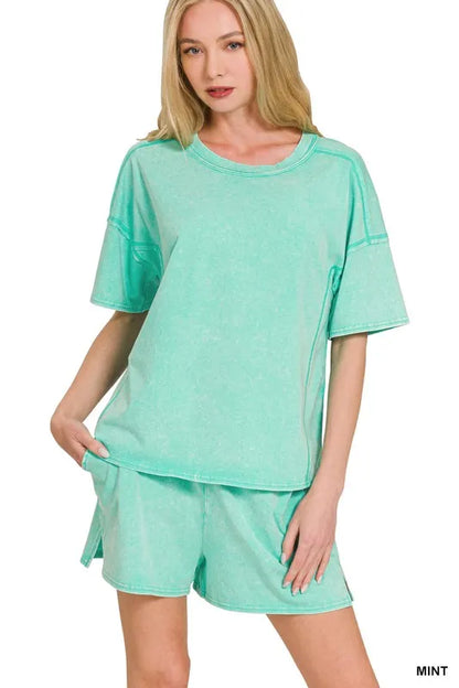 Zenana Acid Washed Short Sleeve Tee & Shorts Set - Farnelli