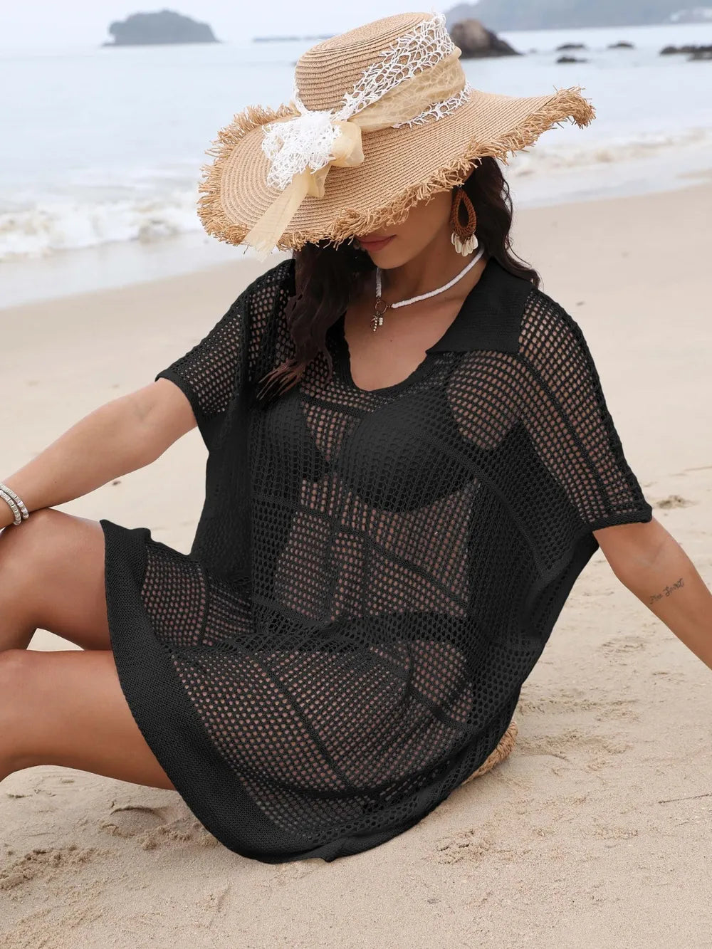 Hollow Out Collared Neck Cover-Up - Farnelli