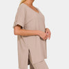 Zenana Full Size V-Neck Short Sleeve Slit T-Shirt and Shorts Set - Ash Mocha