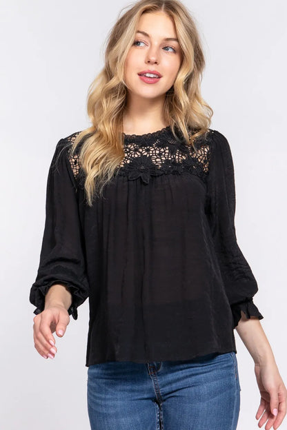 ACTIVE BASIC Crochet Lace Panel Flounce Sleeve Blouse - Farnelli