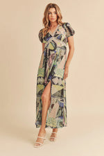 Aemi + Co Lace Detail Slit Geometric Print Short Sleeve Maxi Dress - Farnelli