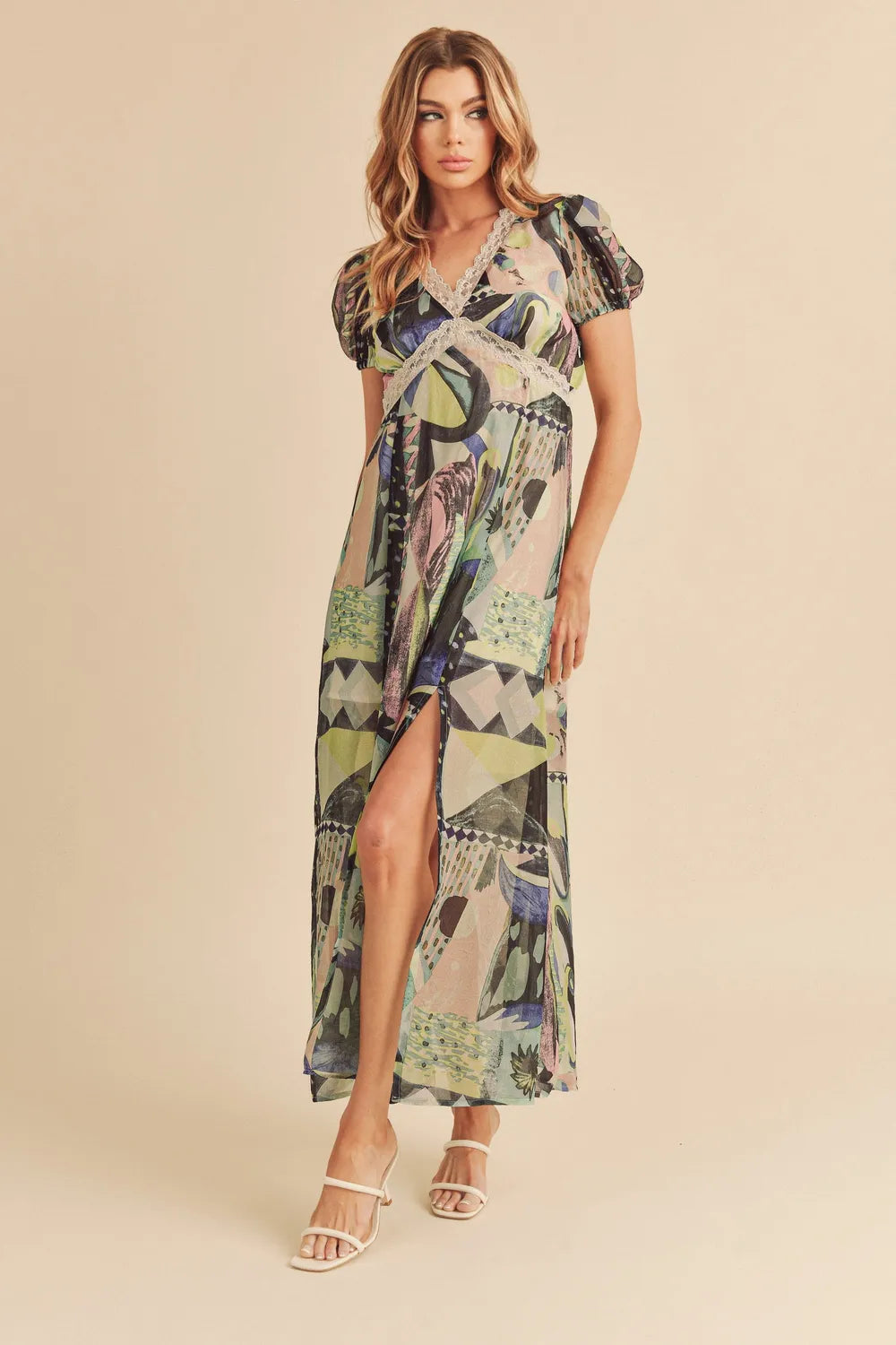 Aemi + Co Lace Detail Slit Geometric Print Short Sleeve Maxi Dress - Farnelli