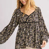 Umgee Full Size Floral Print Velvet Trimmed Balloon Sleeve Top Plus Size - Black