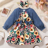 Children's Ruffled Bow Contrast Floral Dress with Headband - Floral