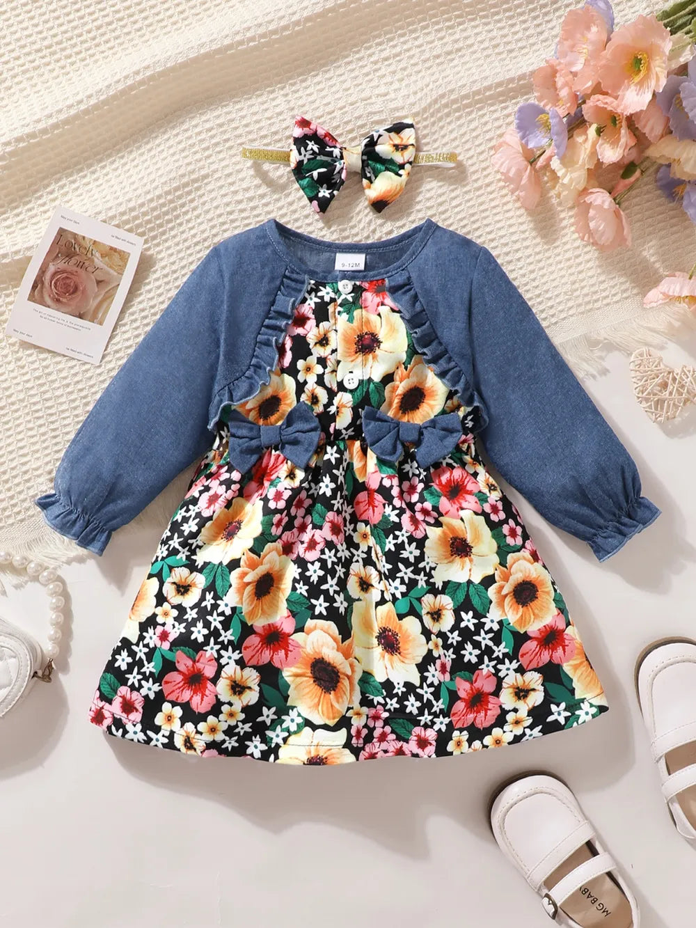 Children's Ruffled Bow Contrast Floral Dress with Headband - Farnelli