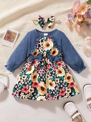 Children's Ruffled Bow Contrast Floral Dress with Headband - Farnelli
