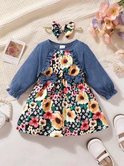 Children's Ruffled Bow Contrast Floral Dress with Headband - Farnelli