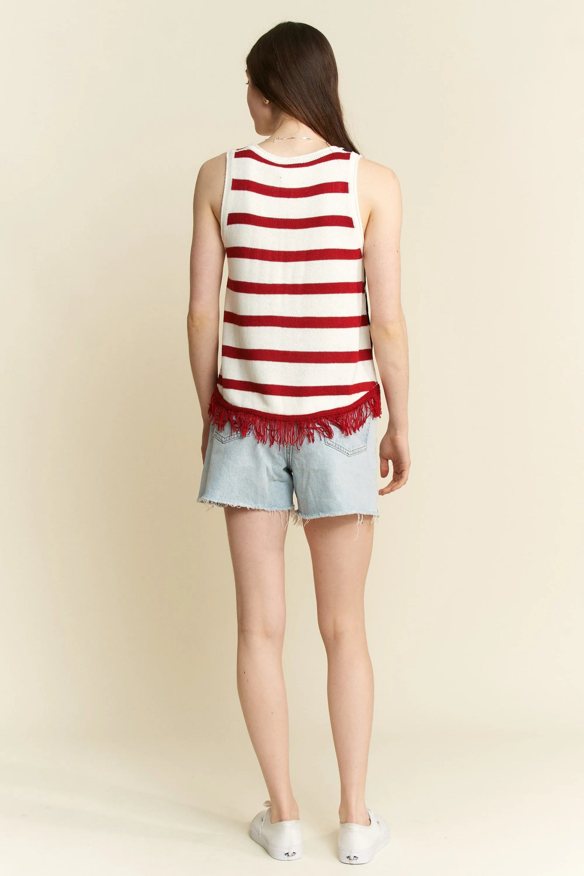 Jade By Jane Full Size American Flag Fringe Tank Top Plus Size - Farnelli