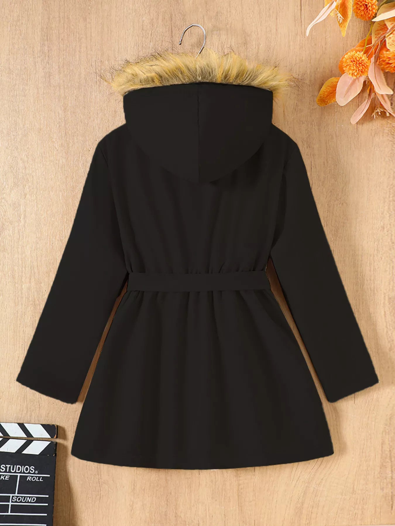 Children's Tie Waist Faux Fur Hooded Outerwear - Farnelli