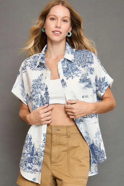 Umgee Full Size Two Tone Print Button Up Short Sleeve Shirt Plus Size - Farnelli