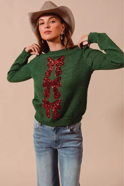 SO ME Sequins Bow Ribbon Embellished Christmas Sweater - Farnelli