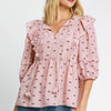 Umgee Full Size Ruffled Bow Print Tie Neck Peplum Blouse Plus Size - Blush Pink
