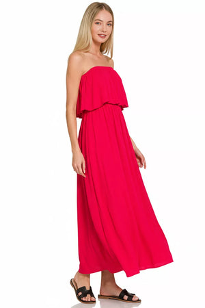 Zenana Woven Crinkle Strapless Maxi Dress - Farnelli