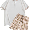 Men's Full Size Classic Plaid Collar Polo and Shorts Set Plus Size - White